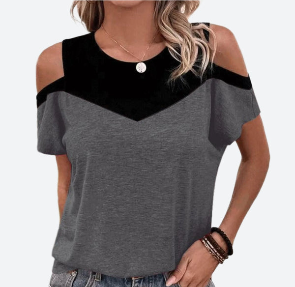 Cold-Shoulder Contrast Short-Sleeve Tops