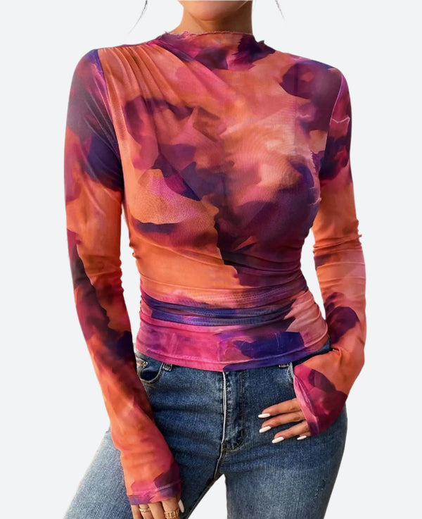Sheer Mesh Long-Sleeve Fitted T-Shirts