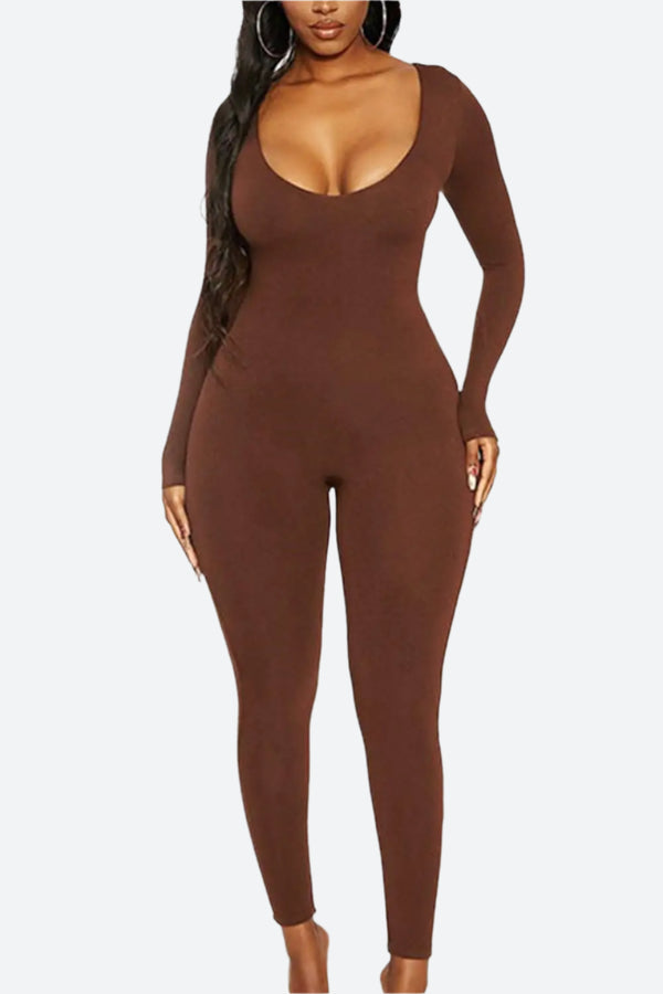 Scoop-Neck Long-Sleeve Fitted Jumpsuits