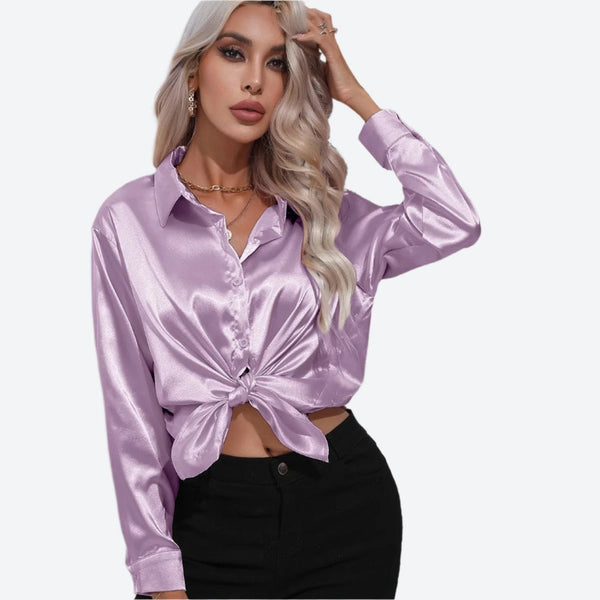 Satin Button-Up Long-Sleeve Shirts