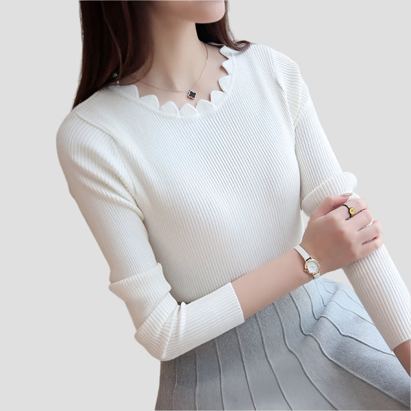 Scalloped Ribbed Long-Sleeve Knit Tops