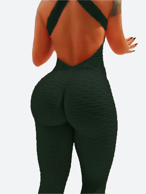 Textured Backless Cross-Strap Jumpsuits