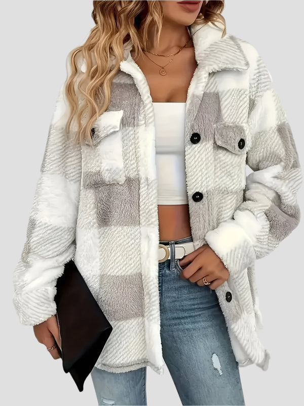 Plaid Fuzzy Button-Up Shacket Jackets