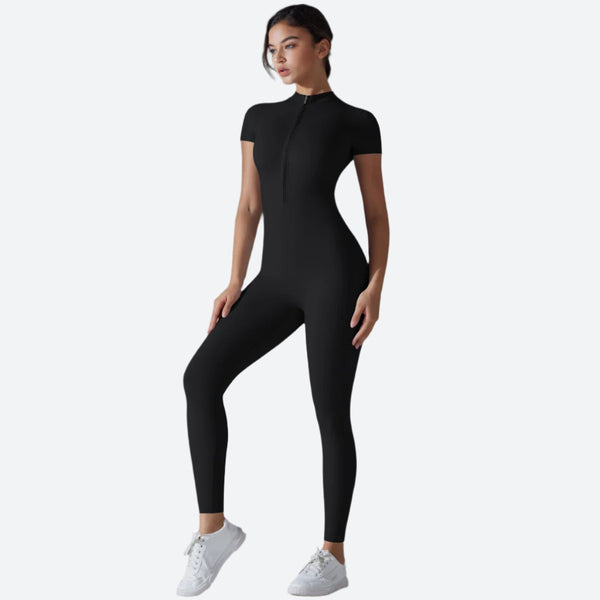 Short-Sleeve Zip-Front Bodycon Fit Jumpsuits