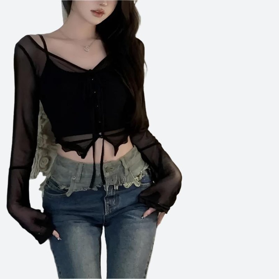 Sheer Long-Sleeve Cropped Button Tops