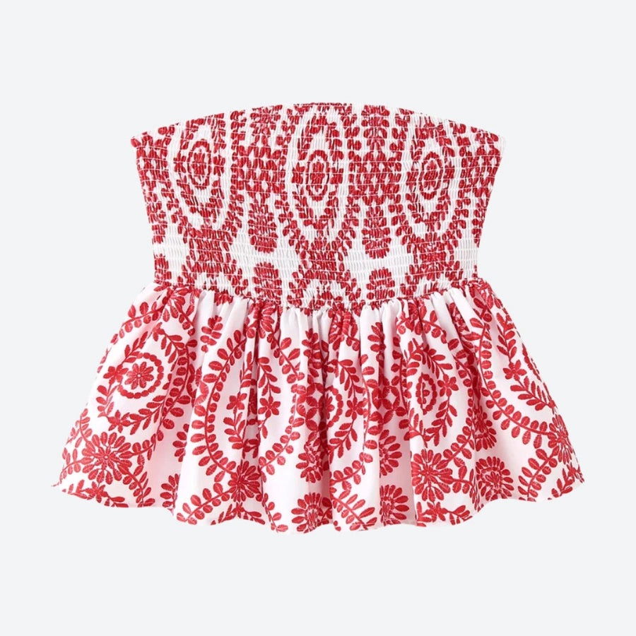 Smocked Floral Embroidered Peplum Tops