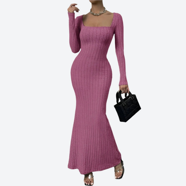 Square Neck Ribbed Knit Maxi Dresses