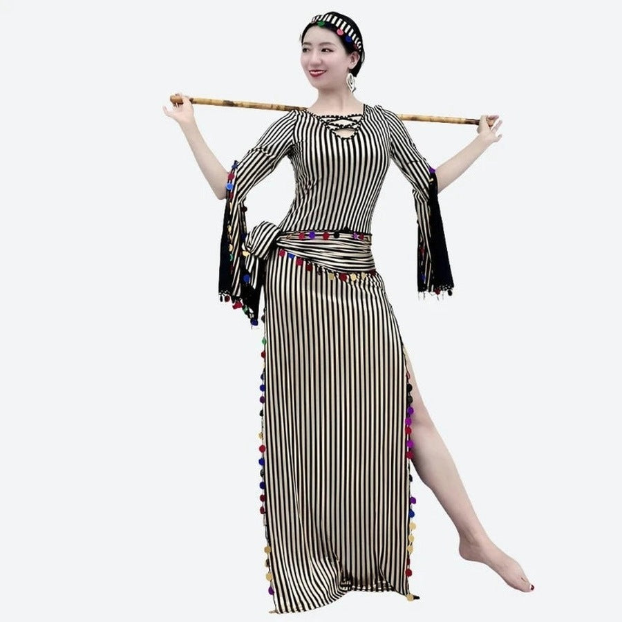 Striped Belly Dance Performance Costumes