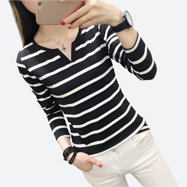 Striped Notch-Neck Long-Sleeve T-Shirts