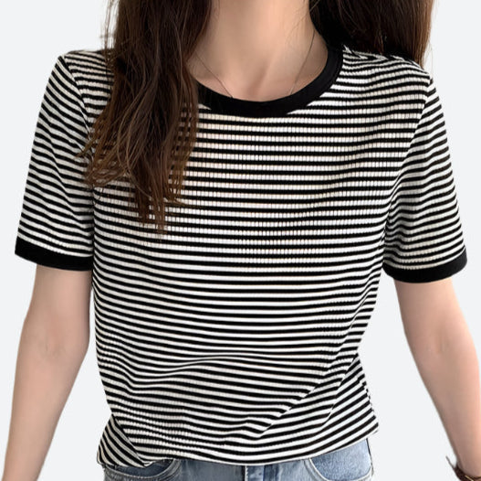 Striped Ribbed Short-Sleeve T-Shirts