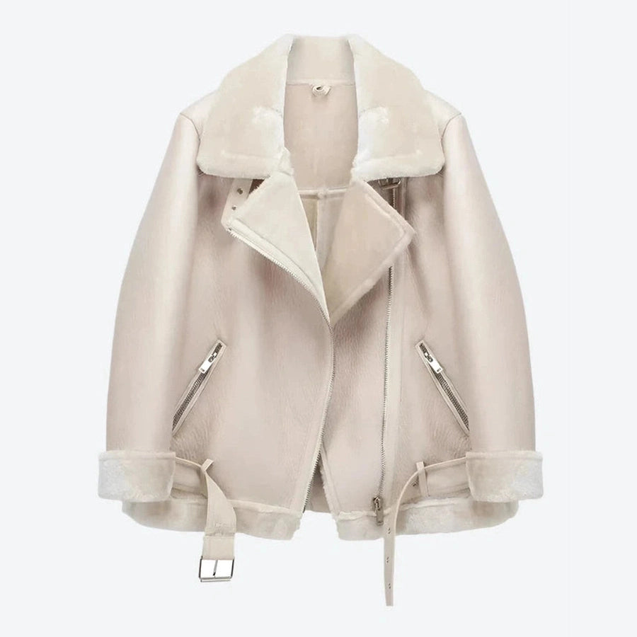 Stylish Faux Shearling Biker Jacket Tops
