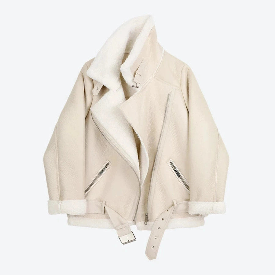Stylish Faux Shearling Biker Jacket Tops