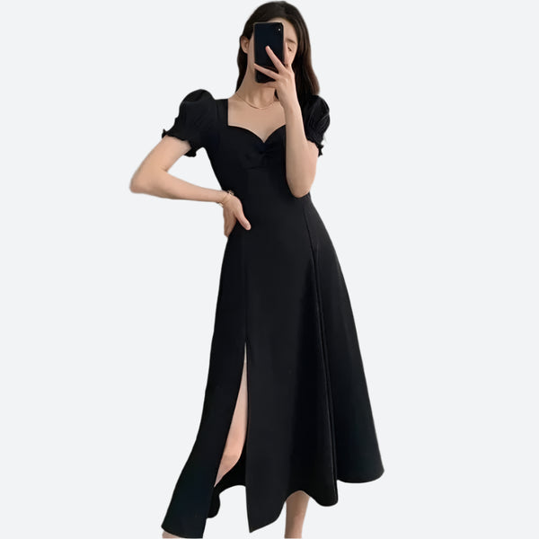 Sweetheart Puff-Sleeve Slit Midi Dresses