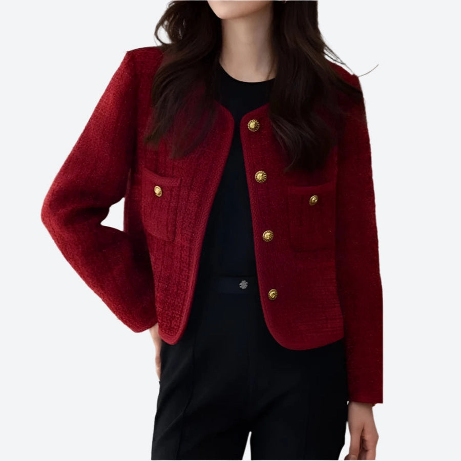 Textured Gold-Button Cropped Blazer Jackets