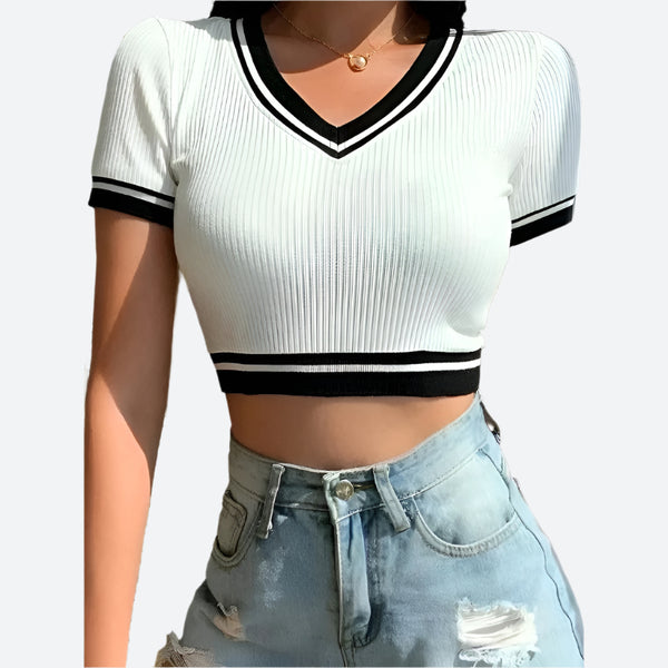 Trendy Ribbed V-Neck Crop Tops