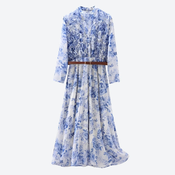 Vintage Floral Belted Maxi Dresses
