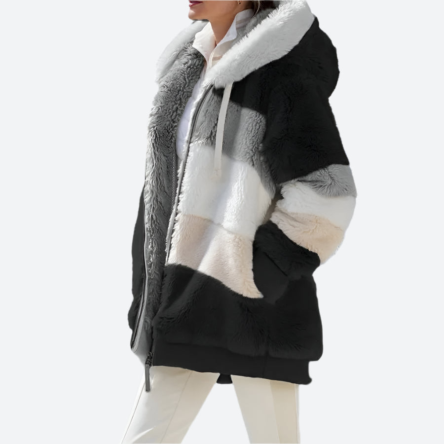 Warm Colorblock Hooded Faux Fur Jackets
