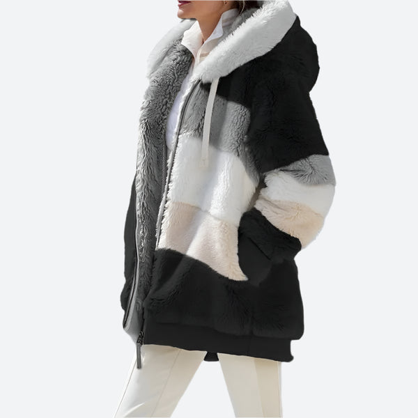 Warm Colorblock Hooded Faux Fur Jackets