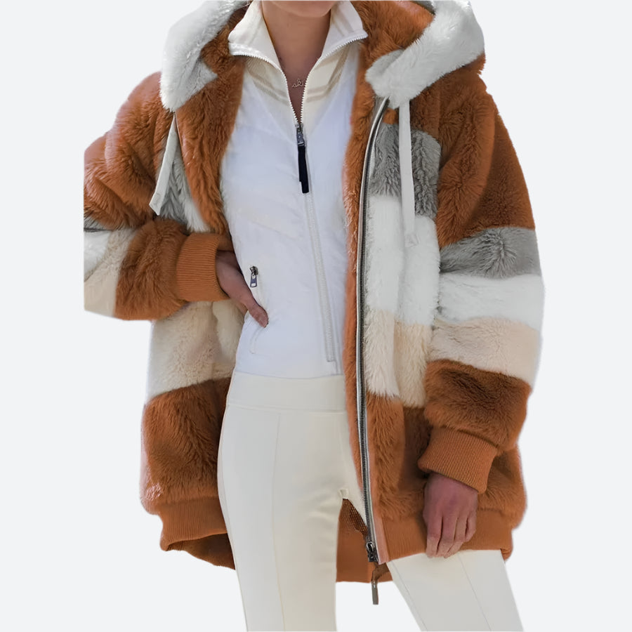Warm Colorblock Hooded Faux Fur Jackets