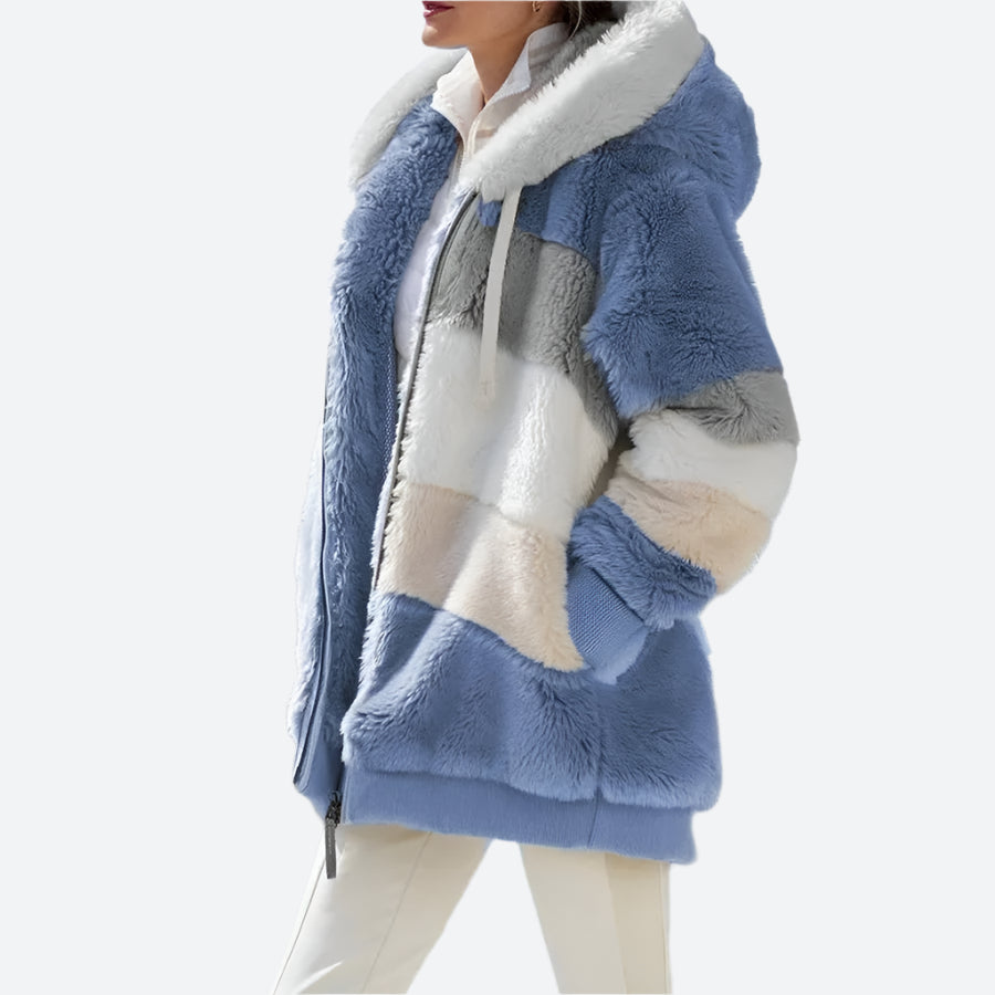 Warm Colorblock Hooded Faux Fur Jackets