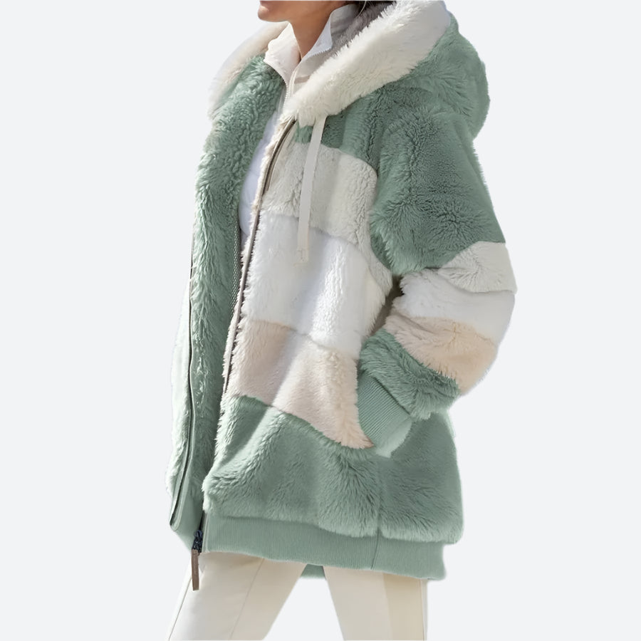 Warm Colorblock Hooded Faux Fur Jackets