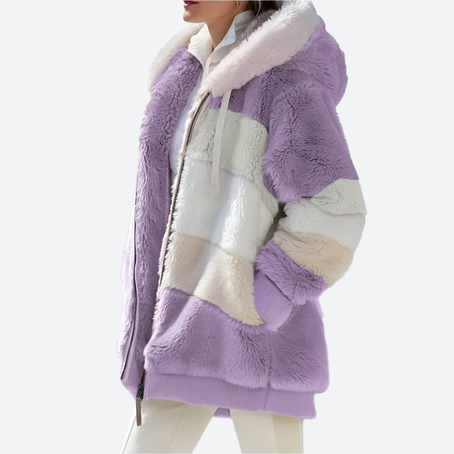 Warm Colorblock Hooded Faux Fur Jackets