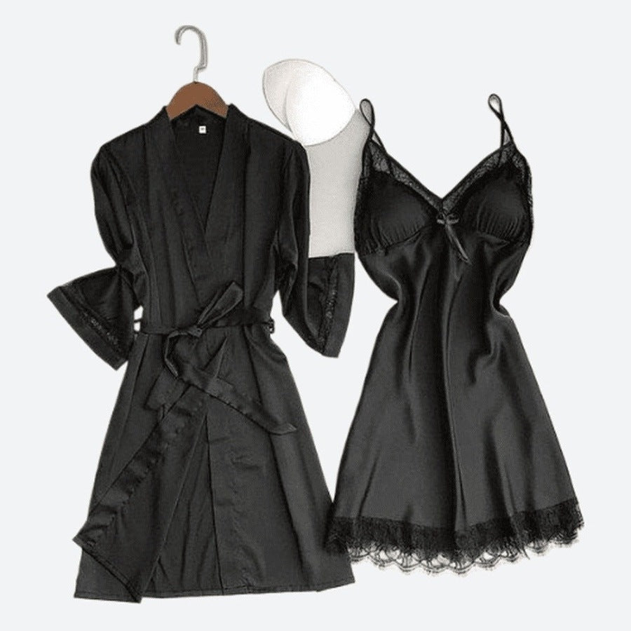 Silken Lace-Trimmed Nightwear and Robe Set