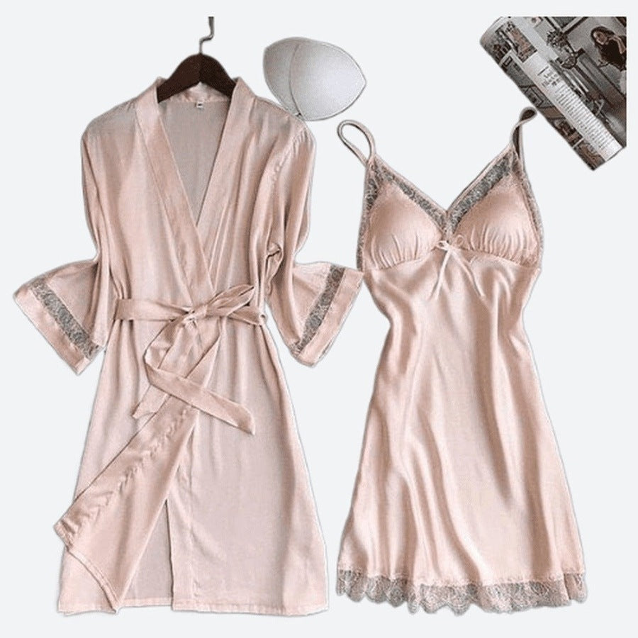 Silken Lace-Trimmed Nightwear and Robe Set